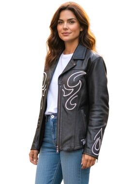 NWOT Victory Motorcycle Black Western Flame Wings Leather Jacket (M)